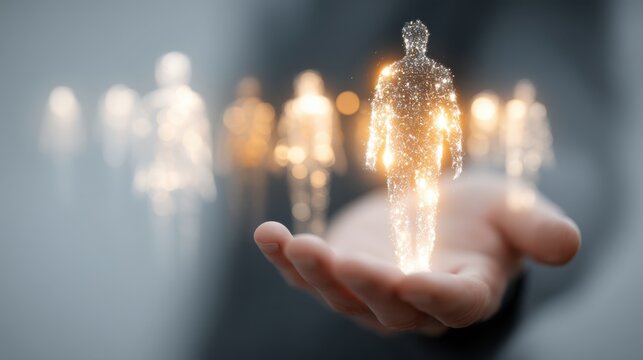 A glowing, digital human figure stands on an open hand, symbolizing technology, connection, and innovation in a futuristic setting.