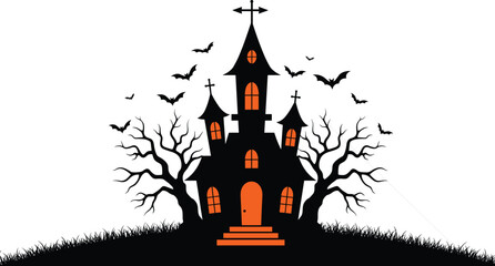 Spooky haunted house illustration with glowing orange windows and door, bare trees, flying bats, eerie night scene Halloween vector art.