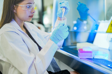 A focused Asian scientist uses a micropipette to transfer liquid samples into a multi-well plate...