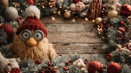 Obraz premium A cute fluffy creature wearing a red hat and goggles sits among festive Christmas decorations on a rustic wooden background.