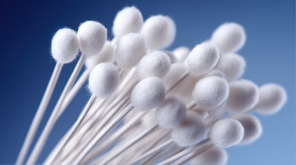 Elegant photo of close-up shot of a bunch of white cotton buds, suitable for use in healthcare, beauty or textile applications.