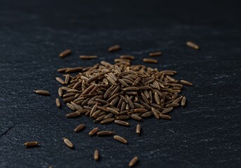 Close-up view of a pile of cumin seeds on a dark stone surface.