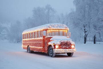 picturesque american bus decorated with twinkling christmas lights sits majestically on snowy christmas morning