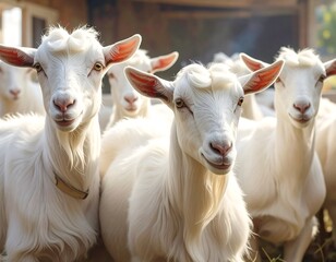Fototapeta premium Group of charming white goats in a rustic setting