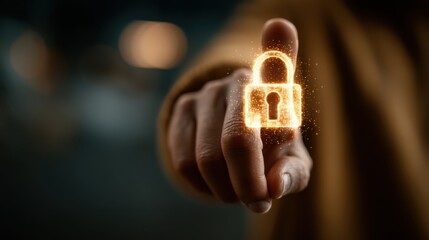 A finger points forward, interacting with a glowing digital padlock symbolizing cybersecurity and data protection.