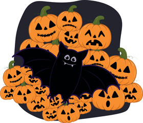 Halloween pumpkins with a bat on a black background. 