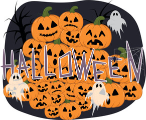 Halloween background with pumpkins, ghosts and spiders. 