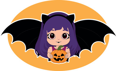 Cute little girl in halloween costume with pumpkin and bat
