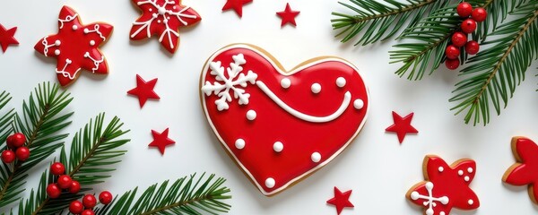 Red and white empty gingerbread heart isolated on white background. Perfect for holiday baking, festive designs, or winter themed projects, empty, baking