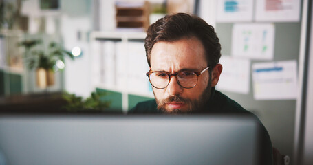 Glasses, computer and research with business man in office for seo review, blog traffic and...
