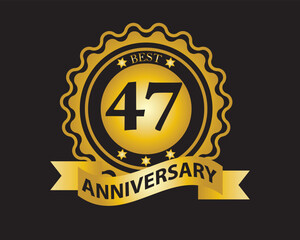 47th Anniversary Golden Badge. Best Anniversary Seal with Ribbon. Vector Illustration on Black Background