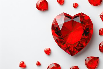A large,faceted,red heart-shaped gemstone surrounded by smaller red hearts on a white background