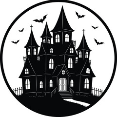 Spooky haunted house silhouette with flying bats inside circular frame, dark gothic windows, creepy Halloween castle night vector illustration design