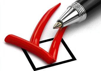 Red checkmark in a box, pen close-up