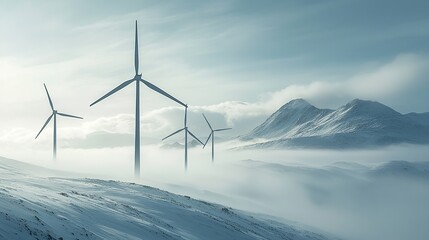 Majestic wind turbines generate clean energy amidst a serene snow-covered mountain landscape shrouded in ethereal mist, Generative AI.
