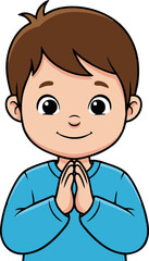 Cheerful Boy with Hands Pressed Together in Prayer or Greeting
