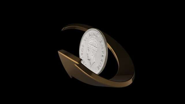 British India &frac14; Rupee 1947 George VI Coin with Golden Arrow Rotation Historic British India silver coin of George VI, enhanced by a golden arrow rotating elegantly around it.