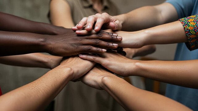 Diverse hands join in unity and cooperation for teamwork and support