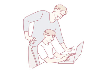 Online education and learning concept. Smiling man father standing near his son sitting at laptop typing something teaching controlling vector illustration