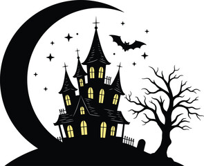 Spooky haunted house silhouette with glowing windows, crescent moon, flying bat, bare tree, graveyard, stars, Halloween night vector illustration