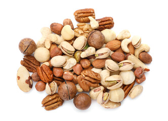 Mix of different nuts isolated on white, top view