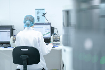 From behind, a lab professional in a hair net works at a computer, analyzing patient test results and monitoring medical equipment in a modern hospital laboratory.