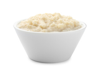 Tasty horseradish sauce in bowl isolated on white