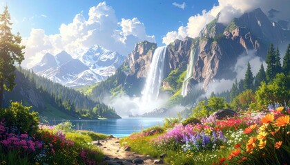 Majestic alpine landscape with waterfall cascading into clear lake surrounded by wildflowers, breathtaking view from Swiss Alps or Dolomites during summer