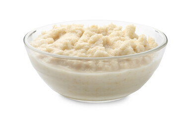 Tasty horseradish sauce in glass bowl isolated on white