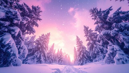 Magenta and violet sky above snowy forest road creates surreal dreamy atmosphere symbolizing imagination, hope and wonder in alpine europe during twilight