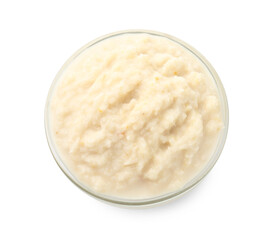 Tasty horseradish sauce in bowl isolated on white, top view