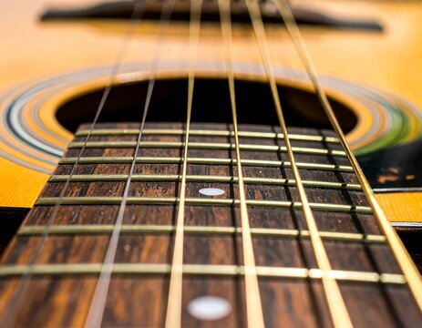 Close-up of acoustic guitar fretboard