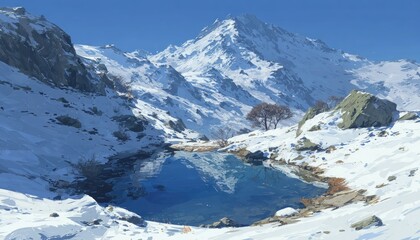 Snowy mountain landscape with tranquil lake