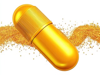 A golden capsule pill, glossy and round, is set against a backdrop of gold powder