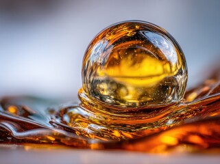 Amber sphere resting on a viscous liquid