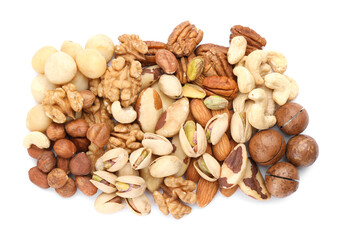 Mix of different nuts isolated on white, top view
