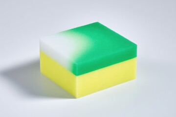 Multicolored cube-shaped sponge, gradient layers of white, green, and yellow
