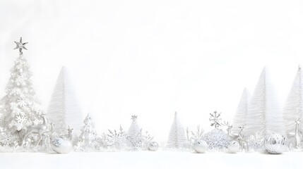 An elegant white Christmas background scene features sparkling silver reindeer, festive trees, and snow ornaments arranged beautifully.