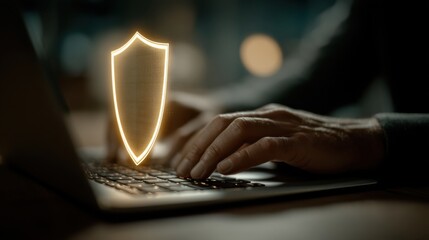 A person types on a laptop with a glowing shield symbol above the keyboard, representing cybersecurity and data protection.