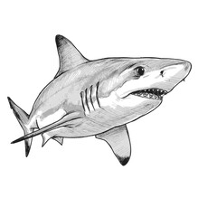 Bonnethead Shark-Sphyrna tiburo . Powerful Shark Swimming Hand-Drawn Sketch with Open Gills
