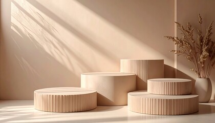 Soft light photo of podiums arranged with vase and dried plants symbolizing harmony balance and eco inspired minimalist interior design trend for modern living