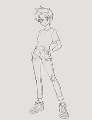 Black-and-white vector art of a woman's body, a fashion sketch illustration of a person with an outline of long hair