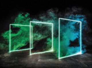 Neon rectangle frames, smoky backdrop