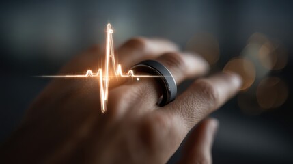 A close-up of a hand wearing a black smart ring with a glowing heartbeat pulse graph overlay, symbolizing health monitoring and wearable technology.