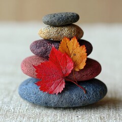 Stacked stones with autumn leaves