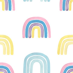 Watercolor Cute Rainbows Seamless Pattern.