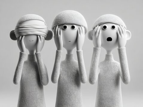 Three cartoon figures, light gray, covering eyes and ears