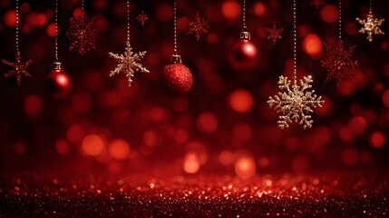 Beautiful red Christmas background featuring sparkling golden snowflakes and festive baubles hanging with soft bokeh lights and glitter.