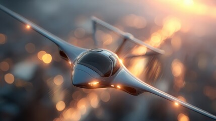 A sleek, futuristic aircraft glides through a sunset sky with glowing city lights below, capturing advanced aerodynamics and modern design.