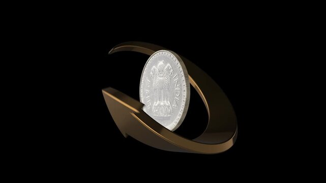 Indian One Rupee Coin 1976 with Golden Arrow Rotation Vintage Indian One Rupee coin from 1976, presented with a golden arrow rotating smoothly around it.